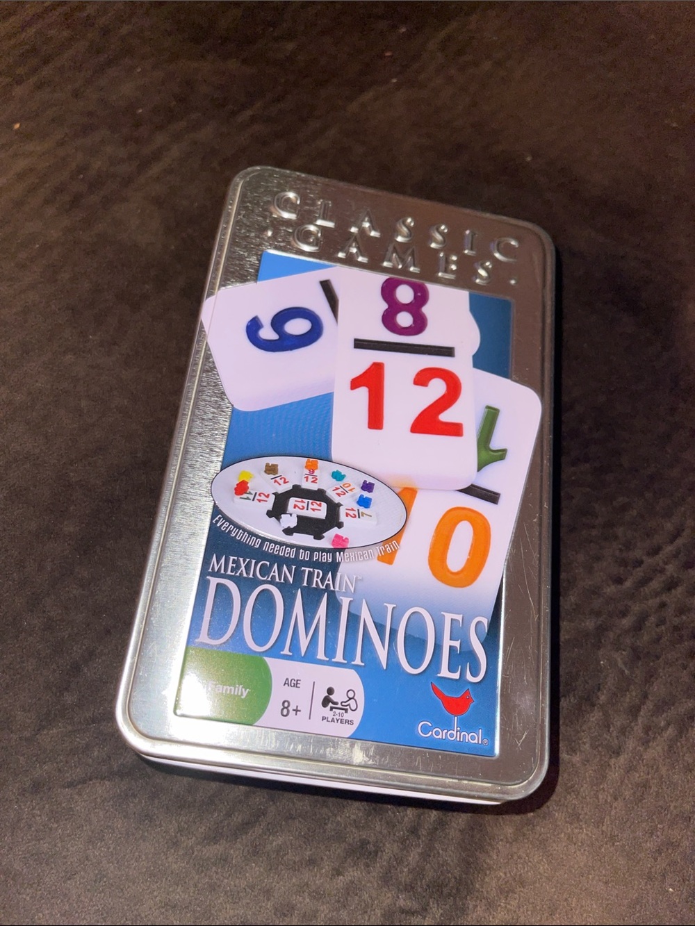 Mexican Train Dominoes Tin - Blue Label, Silver Tin